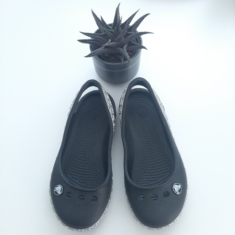 Crocs Girls Genna II Slingback Flats Black Glitter Hearts size C9